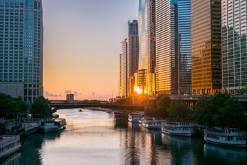 Wide angle view over Chicago River at downtown