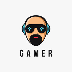 Mascot Man gamer logo with joystick glass eye logo icon vector template on white background