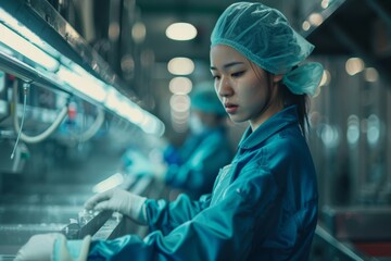 Asian worker focused on assembly line task. An Asian woman donned in protective gear is focused on her task along an assembly line, shown in blue tones for a modern feel - obrazy, fototapety, plakaty