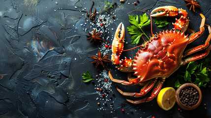 Big crab with spices and lemon on the black background, seafood concept 