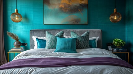 Contemporary Bedroom Interior with Teal and Purple Accents