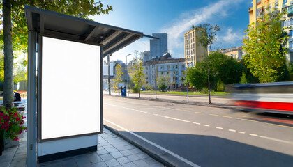 Fototapeta na wymiar Vertical blank white billboard at bus stop on city street. In the background buildings. Generative AI.