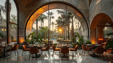 Fototapeta na wymiar Elegant Restaurant Interior with Tropical View at Sunset