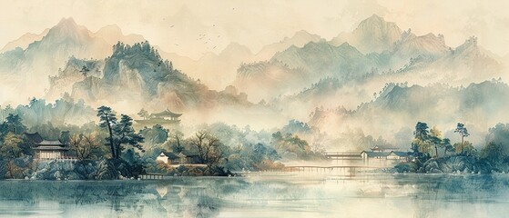 Ancient Chinese ink scroll, subtle hues, depicting quiet village scenes, timeless elegance , high resolution DSLR, 8K, high detailed, super detailed , ultra HD, 8K resolution , up32K HD - obrazy, fototapety, plakaty