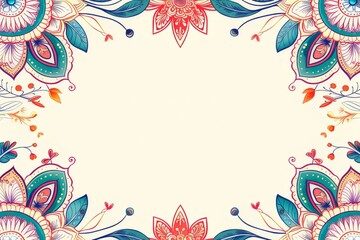 A postcard surrounded by traditional Indian artwork, featuring colorful flower patterns in line art, with a text box in the middle.