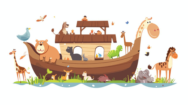 Cartoon noah ark with animals flat vector isolated on