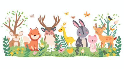 cartoon of happy animals cartoon in spring forest flat