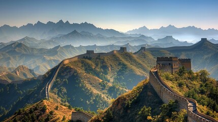The Great Wall of China winding through a rugged mountain landscape under a clear blue sky.  - Powered by Adobe