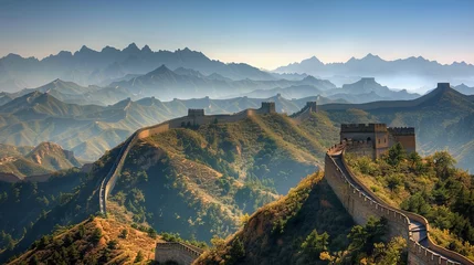 Papier Peint photo Lavable Mur chinois The Great Wall of China winding through a rugged mountain landscape under a clear blue sky. 
