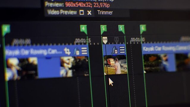 Content creator video editor editing footage in post production company	