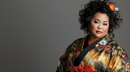 Fototapeta premium Japanese mature woman in a traditional kimono on grey background. Female in asian clothes. 