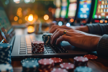 Hands placing bets in an online casino game with poker chips and a laptop.
