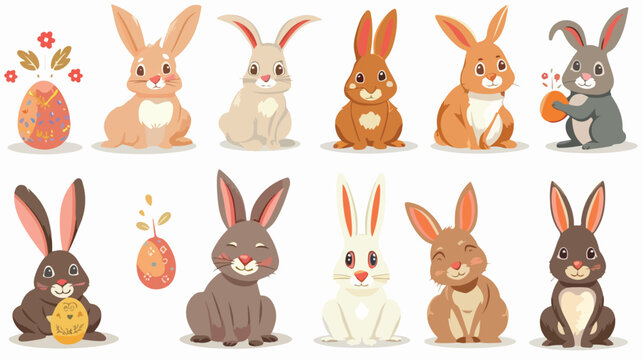 Cartoon rabbit easter collection set flat vector isolated