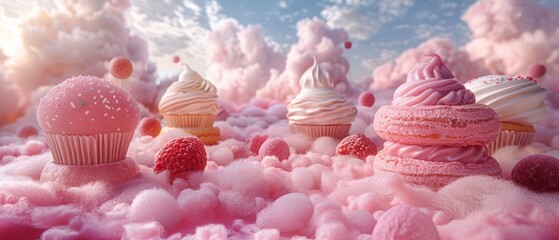 Magical sweet treats floating on cotton candy clouds