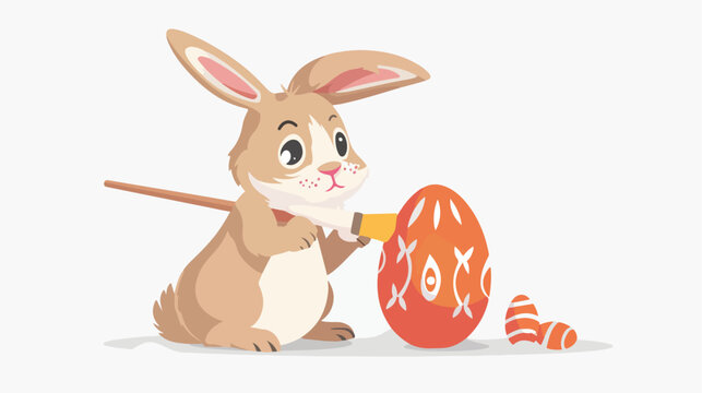 Cartoon rabbit painting an Easter egg flat vector isolated