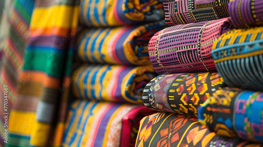 Poster a stunning array of ethnic fabric rolls, each adorned with bright, distinct patterns reflective of t