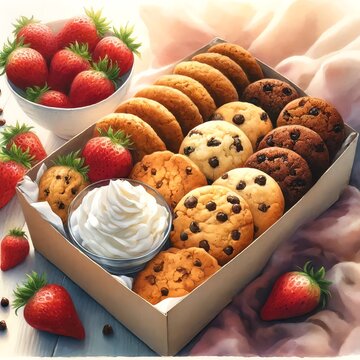 Watercolor Painting of Assorted Cookies in a Box with Strawberries and Whipped Cream