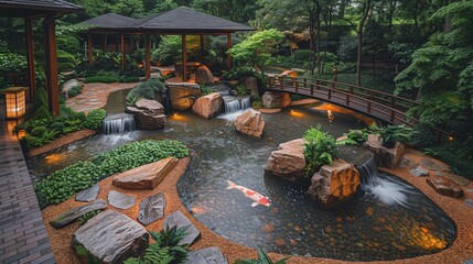 Serene Japanese Garden with Koi Pond at Twilight