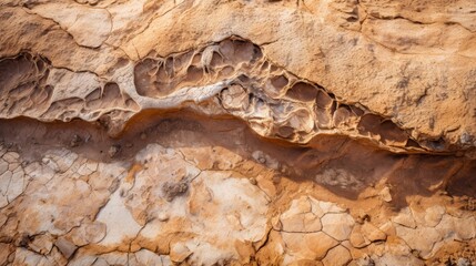 A soft focus image of a fossilized dinosaur footprint in sediment