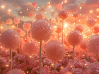 Fizzy soda flood bubbling through a landscape of lollipop lights