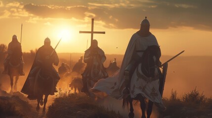 As warriors the Knights Templar follow the cross through the sunset - obrazy, fototapety, plakaty