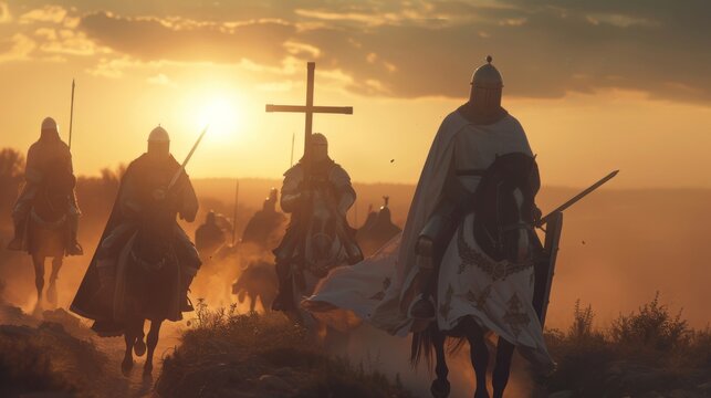 As warriors the Knights Templar follow the cross through the sunset