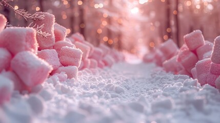 Whimsical marshmallow snow in a colorful, candy winter wonderland