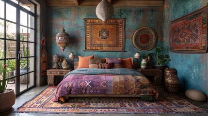 Ethnic Style Bedroom Interior with Decorative Textiles and Pottery - obrazy, fototapety, plakaty