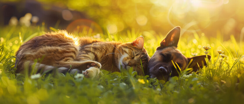 A dog and a cat sleep on the grass among flowers against the backdrop of sunset. Summer garden.