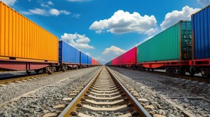 Colorful Freight Trains on Railway Under Blue Sky - obrazy, fototapety, plakaty