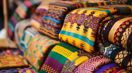 Fototapeta na wymiar Beautifully displayed throw pillows with a variety of ethnic prints and colorful designs