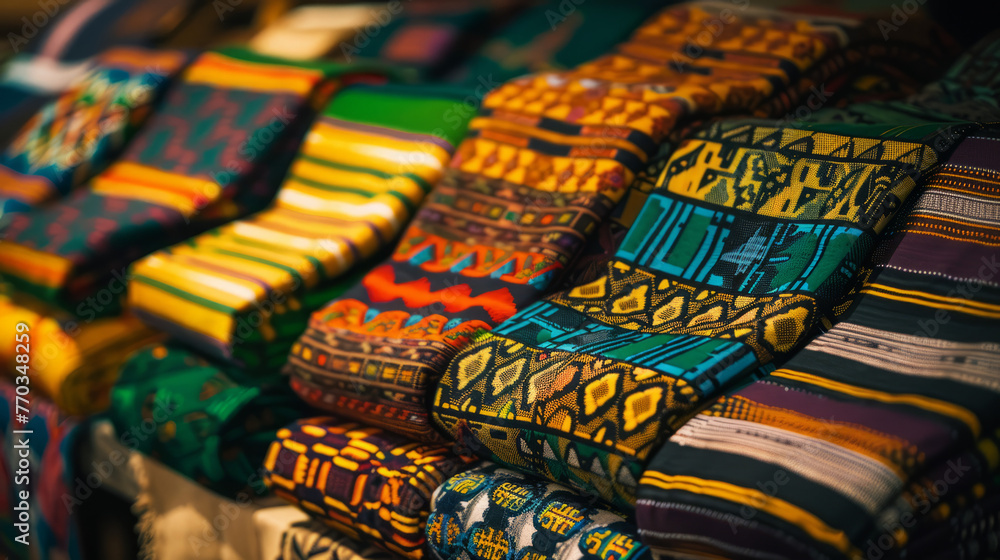 Poster close-up of colorful stacked textiles featuring exquisite patterns and craftsmanship