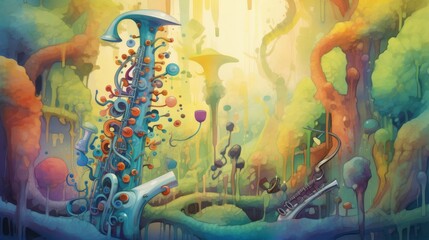 Create a whimsical interpretation of a clarinet concert taking place in a magical forest  essential