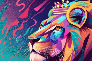 Close up photo of modern abstract art with a crowned lion, illustration