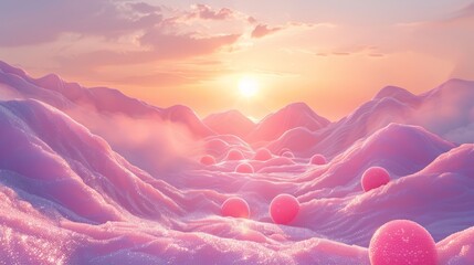 Fog of cotton candy mist rolling over hills of jelly beans