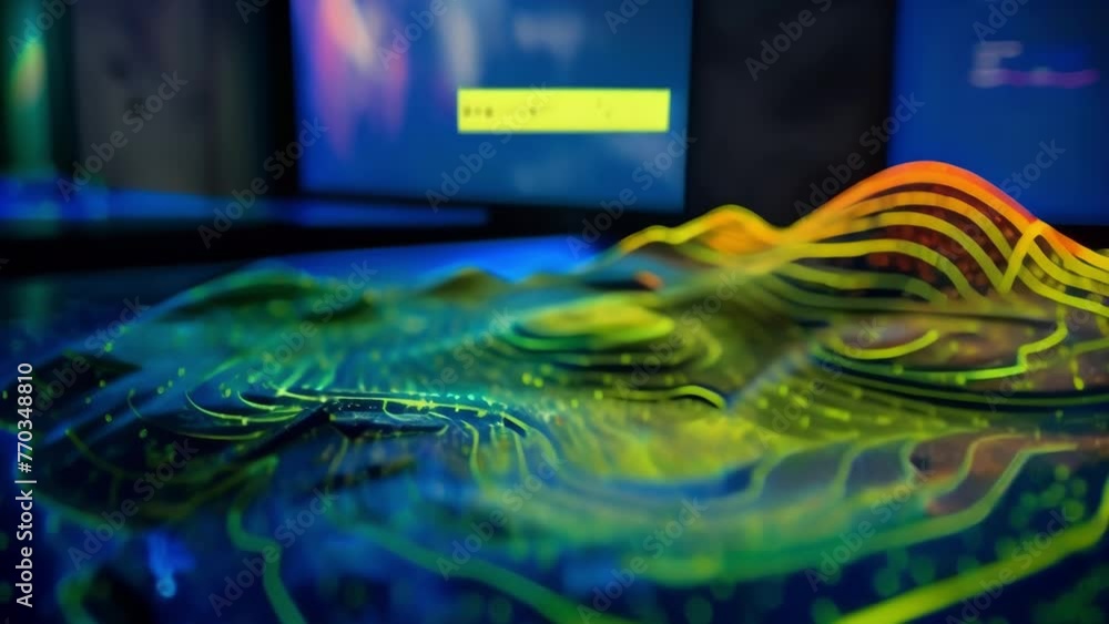 Aufkleber an interactive map animation showcasing a computer screen with a mountain backdrop.