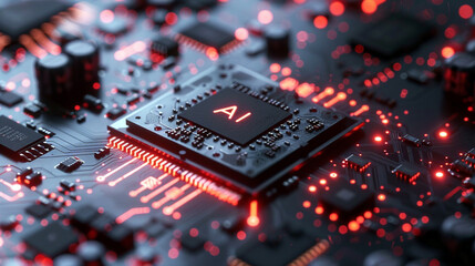 AI printed chipset close up of electronic circuit board, AI concept 