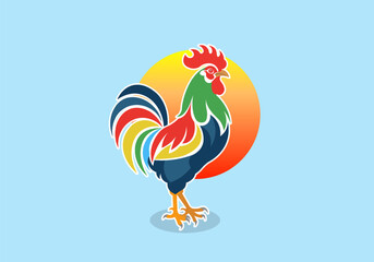 Vector bright colored rooster and sun. Good morning. Symbol of France. Sticker or emblem. Blue background. © GAlexS