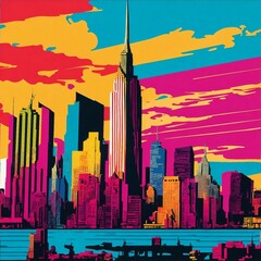 painting, design, photo frame, wallpaper. New York Skyline in Pop Art Brilliance - AI-Generated Image Capturing the Iconic New York City Skyline, Transformed into a Vibrant Pop Art Masterpiece