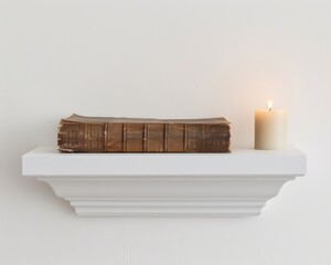 Minimalist white shelf displaying an ancient Holy Bible a testament to timeless beliefs