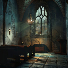 Dimly lit apse of an old church a Bible on the altar inviting a solitary night vigil - obrazy, fototapety, plakaty