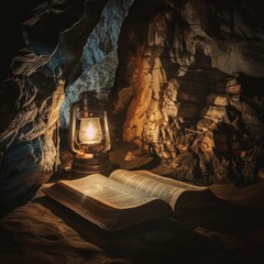 Dimly lit apse of an old church a Bible on the altar inviting a solitary night vigil - obrazy, fototapety, plakaty