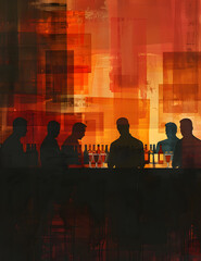 Men at bar with orange tinted drinks, under the amber glow of the setting sun