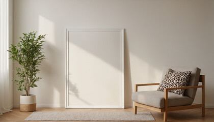 Empty picture frame mockup in interior room on the floor with copyspace