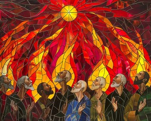 The Pentecost captured in stained glass with tongues of fire in a spectrum of reds and oranges above the apostles