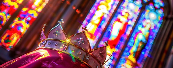 A bishops mitre sparkling under the colorful light of the cathedrals stained glass a symbol of ecclesiastical authority - obrazy, fototapety, plakaty
