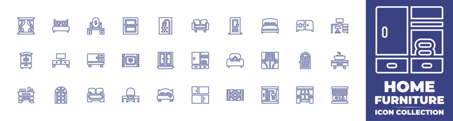 Home furniture line icon collection. Editable stroke. Vector illustration. Containing sofa, double bed, furniture, cabinet, wardrobe, dresser, window, door, carpet, rug, bed, shower.