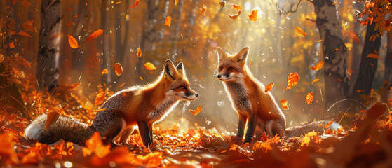 Foxes playing in a vibrant autumn forest, cunning and adaptability - obrazy, fototapety, plakaty