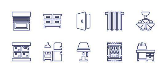 Home furniture line icon set. Editable stroke. Vector illustration. Containing bedroom lamp, house door, dresser, kitchen, curtain, carpet, blinds, chandelier, workplace, window.
