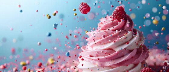 Frozen yogurt swirl, toppings falling, customizable treat